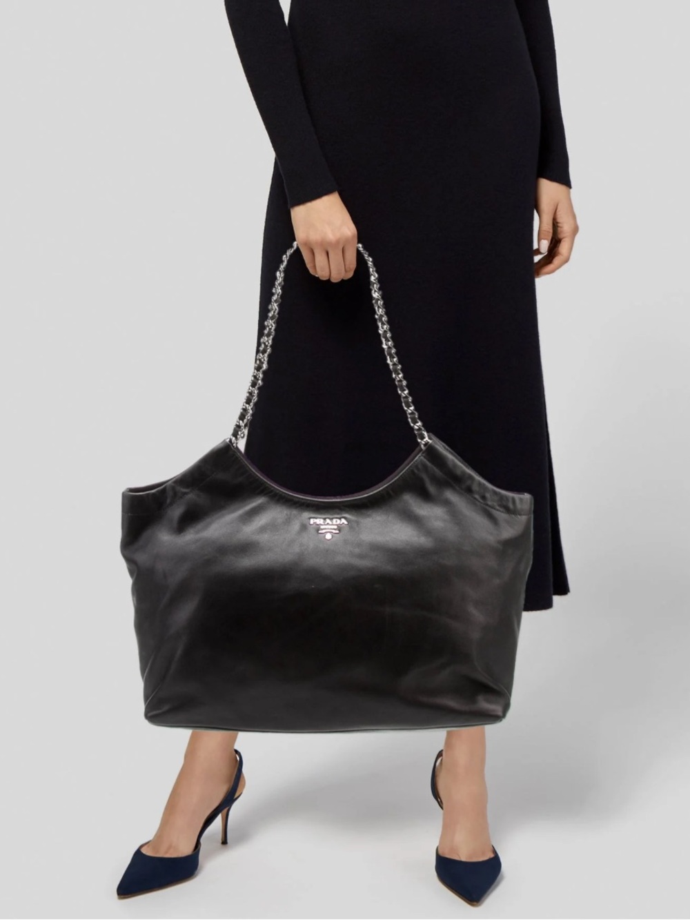 Prada Black Soft Calf Leather Chain Tote